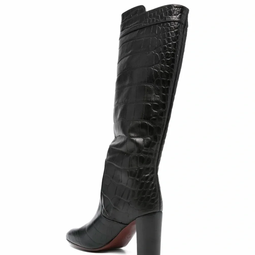 Chie Mihara leather Black Croc-Embossed Knee high Block Heel Boots